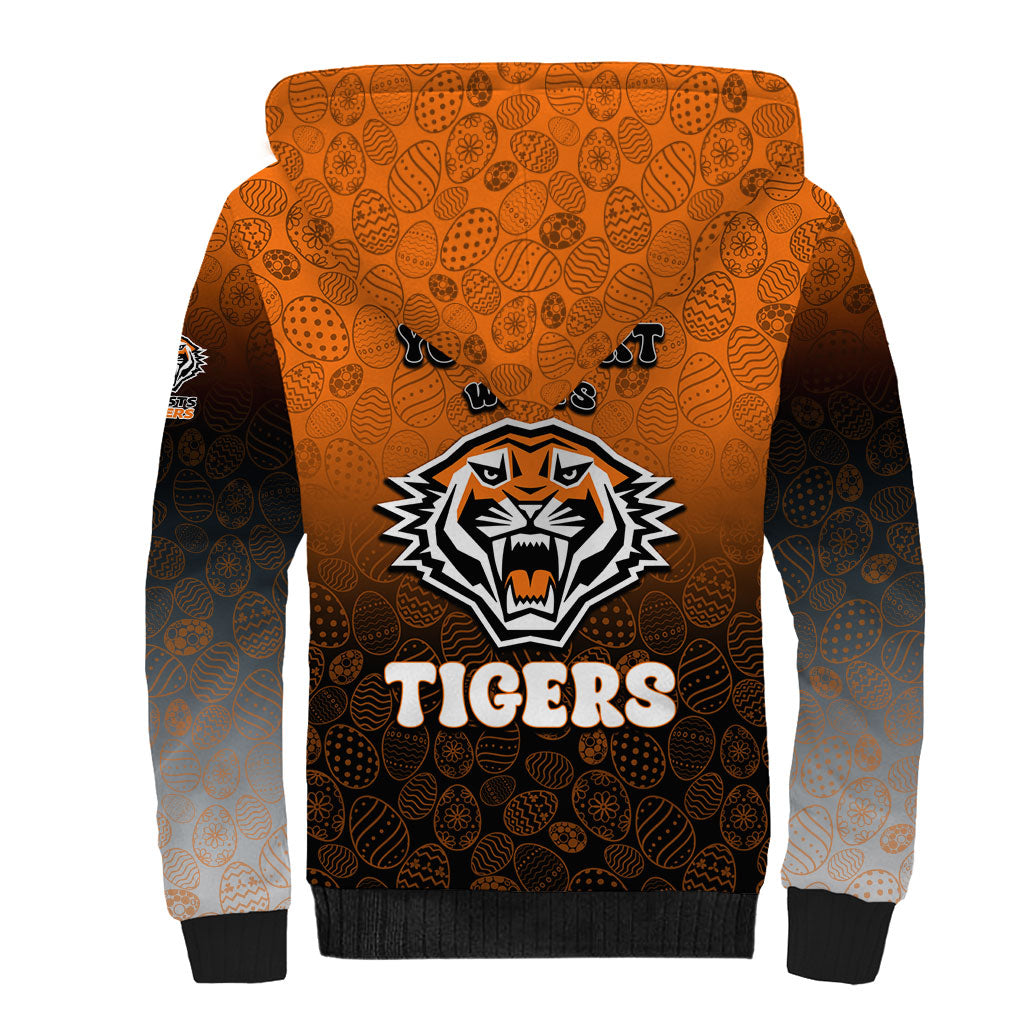 Personalized Wests Tigers Sherpa Hoodie Easter Mascot - Colorful Eggs Cartoon Style