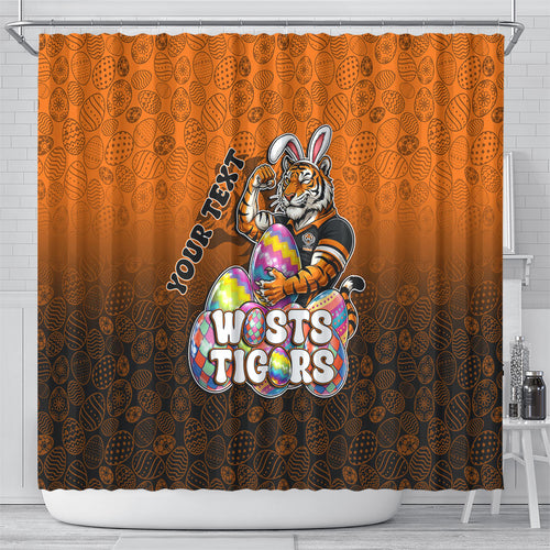 Personalized Wests Tigers Shower Curtain Easter Mascot - Colorful Eggs Cartoon Style