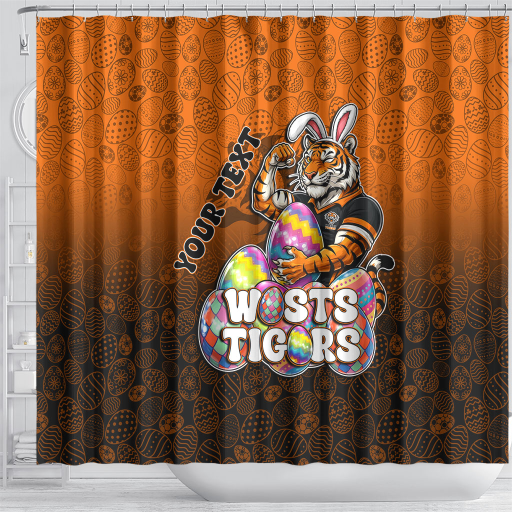 Personalized Wests Tigers Shower Curtain Easter Mascot - Colorful Eggs Cartoon Style