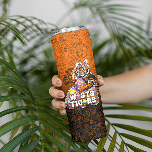 Personalized Wests Tigers Skinny Tumbler Easter Mascot - Colorful Eggs Cartoon Style