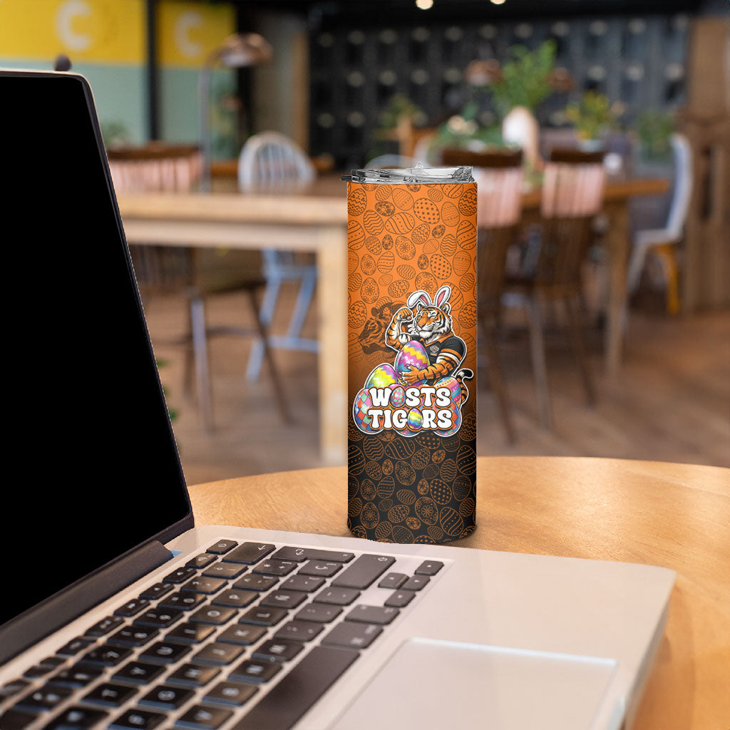 Personalized Wests Tigers Skinny Tumbler Easter Mascot - Colorful Eggs Cartoon Style