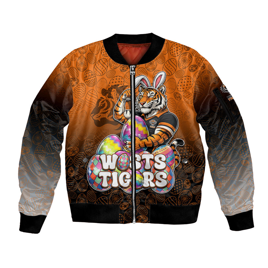 Personalized Wests Tigers Sleeve Zip Bomber Jacket Easter Mascot - Colorful Eggs Cartoon Style