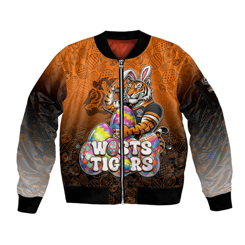 Personalized Wests Tigers Sleeve Zip Bomber Jacket Easter Mascot - Colorful Eggs Cartoon Style