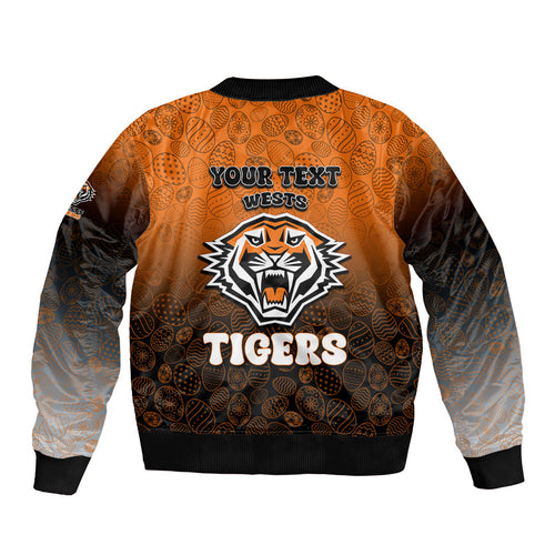 Personalized Wests Tigers Sleeve Zip Bomber Jacket Easter Mascot - Colorful Eggs Cartoon Style