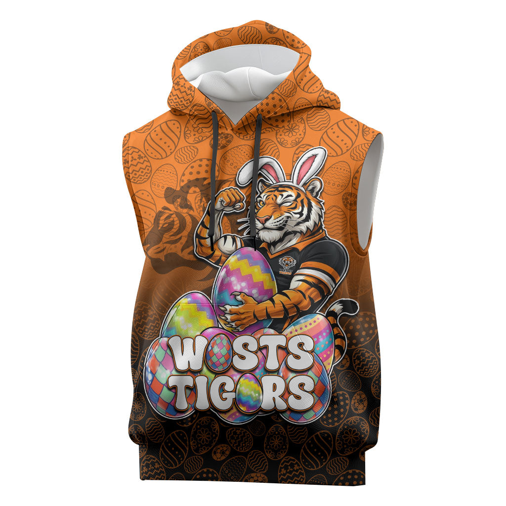 Personalized Wests Tigers Sleeveless Hoodie Easter Mascot - Colorful Eggs Cartoon Style