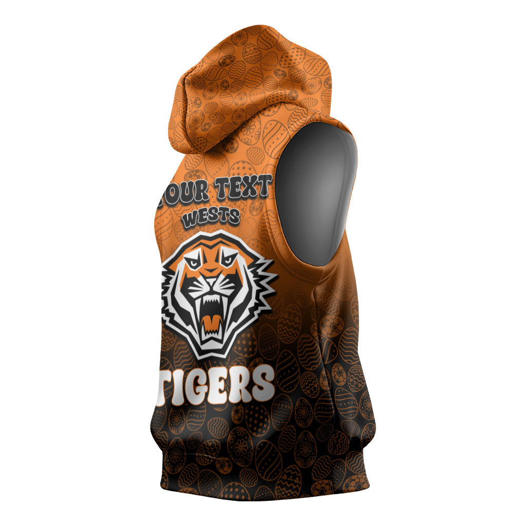 Personalized Wests Tigers Sleeveless Hoodie Easter Mascot - Colorful Eggs Cartoon Style