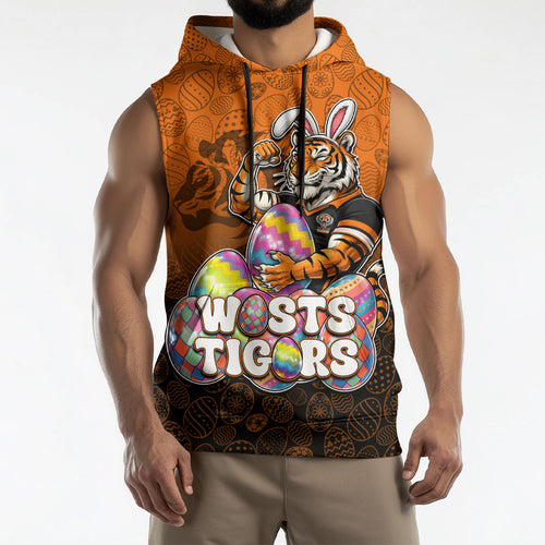 Personalized Wests Tigers Sleeveless Hoodie Easter Mascot - Colorful Eggs Cartoon Style