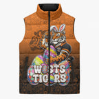 Personalized Wests Tigers Sleeveless Puffer Jacket Easter Mascot - Colorful Eggs Cartoon Style