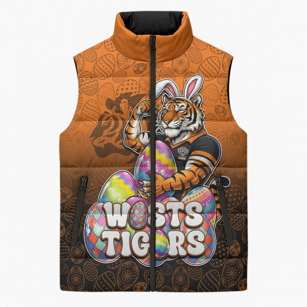 Personalized Wests Tigers Sleeveless Puffer Jacket Easter Mascot - Colorful Eggs Cartoon Style