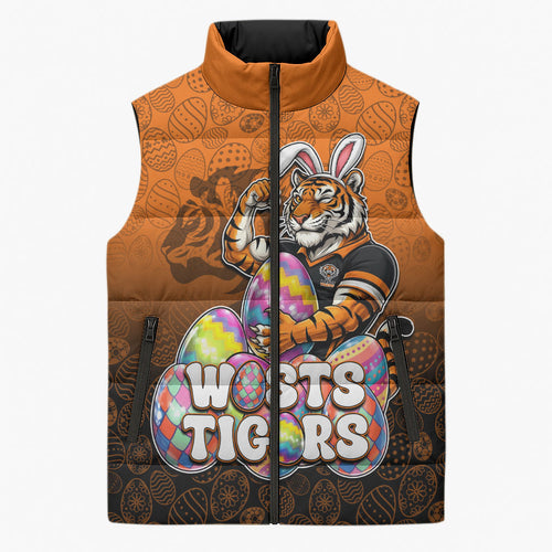 Personalized Wests Tigers Sleeveless Puffer Jacket Easter Mascot - Colorful Eggs Cartoon Style