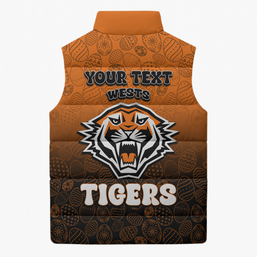 Personalized Wests Tigers Sleeveless Puffer Jacket Easter Mascot - Colorful Eggs Cartoon Style