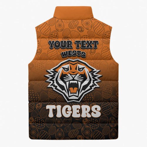 Personalized Wests Tigers Sleeveless Puffer Jacket Easter Mascot - Colorful Eggs Cartoon Style
