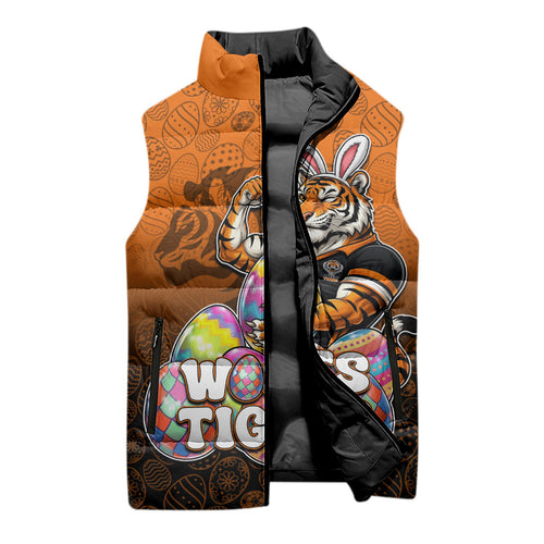 Personalized Wests Tigers Sleeveless Puffer Jacket Easter Mascot - Colorful Eggs Cartoon Style