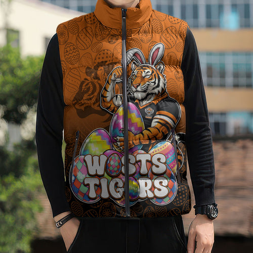 Personalized Wests Tigers Sleeveless Puffer Jacket Easter Mascot - Colorful Eggs Cartoon Style