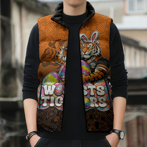Personalized Wests Tigers Sleeveless Puffer Jacket Easter Mascot - Colorful Eggs Cartoon Style