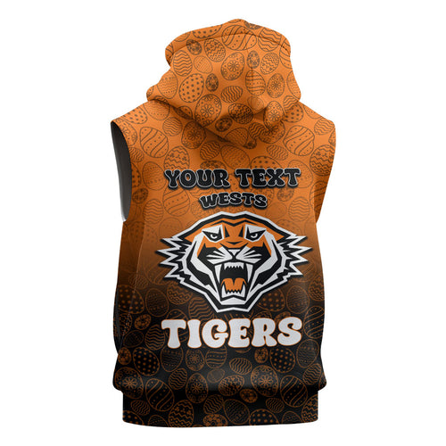 Personalized Wests Tigers Sleeveless Zip Hoodie Easter Mascot - Colorful Eggs Cartoon Style