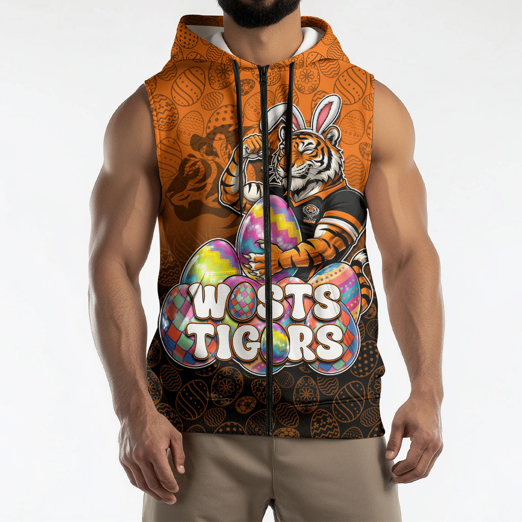 Personalized Wests Tigers Sleeveless Zip Hoodie Easter Mascot - Colorful Eggs Cartoon Style