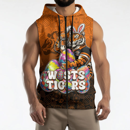 Personalized Wests Tigers Sleeveless Zip Hoodie Easter Mascot - Colorful Eggs Cartoon Style