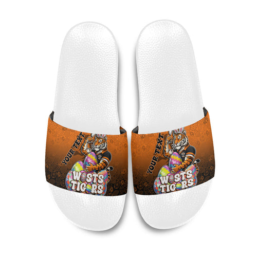 Personalized Wests Tigers Slide Sandals Easter Mascot - Colorful Eggs Cartoon Style