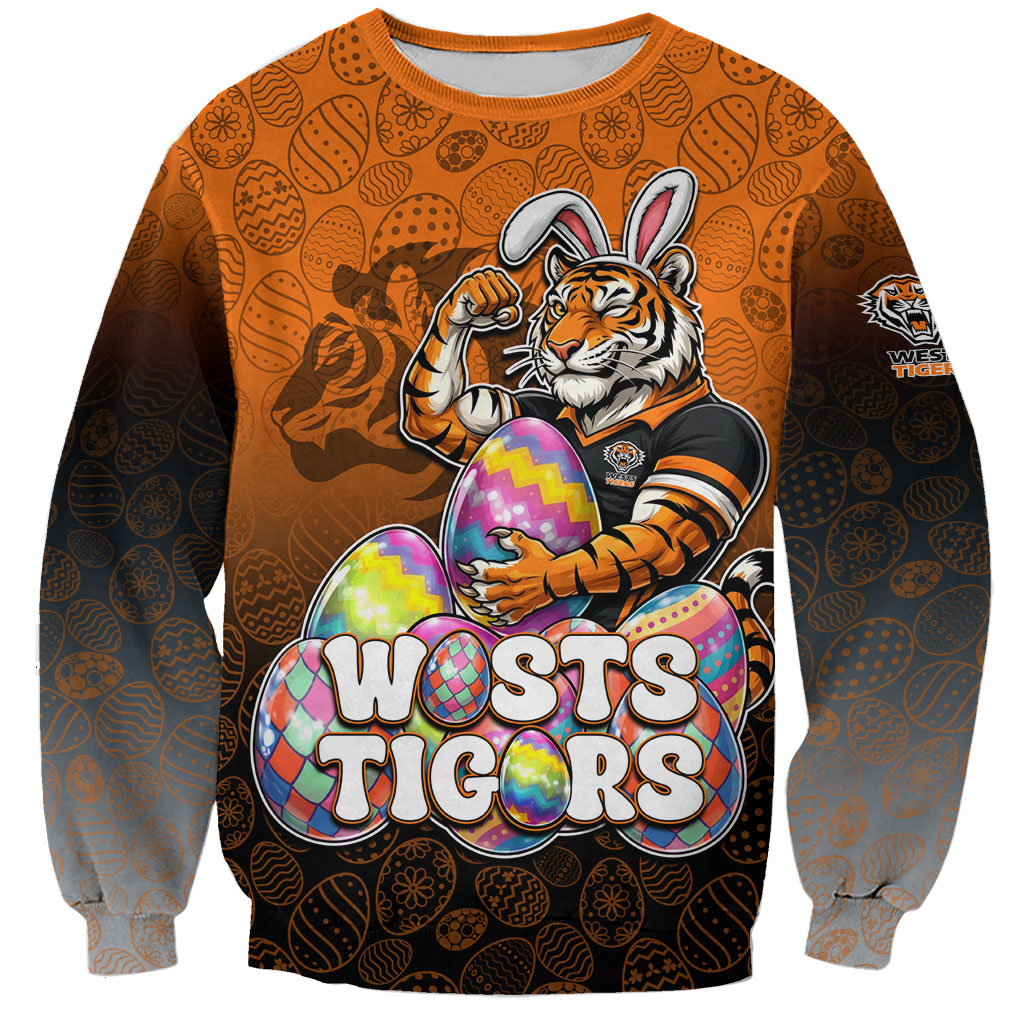 Personalized Wests Tigers Sweatshirt Easter Mascot - Colorful Eggs Cartoon Style