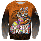 Personalized Wests Tigers Sweatshirt Easter Mascot - Colorful Eggs Cartoon Style
