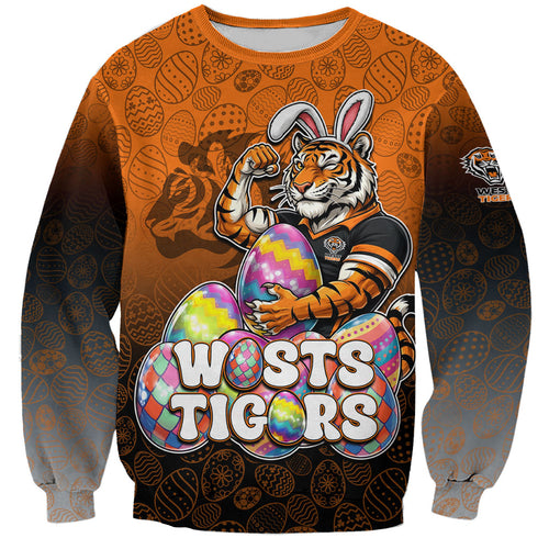 Personalized Wests Tigers Sweatshirt Easter Mascot - Colorful Eggs Cartoon Style
