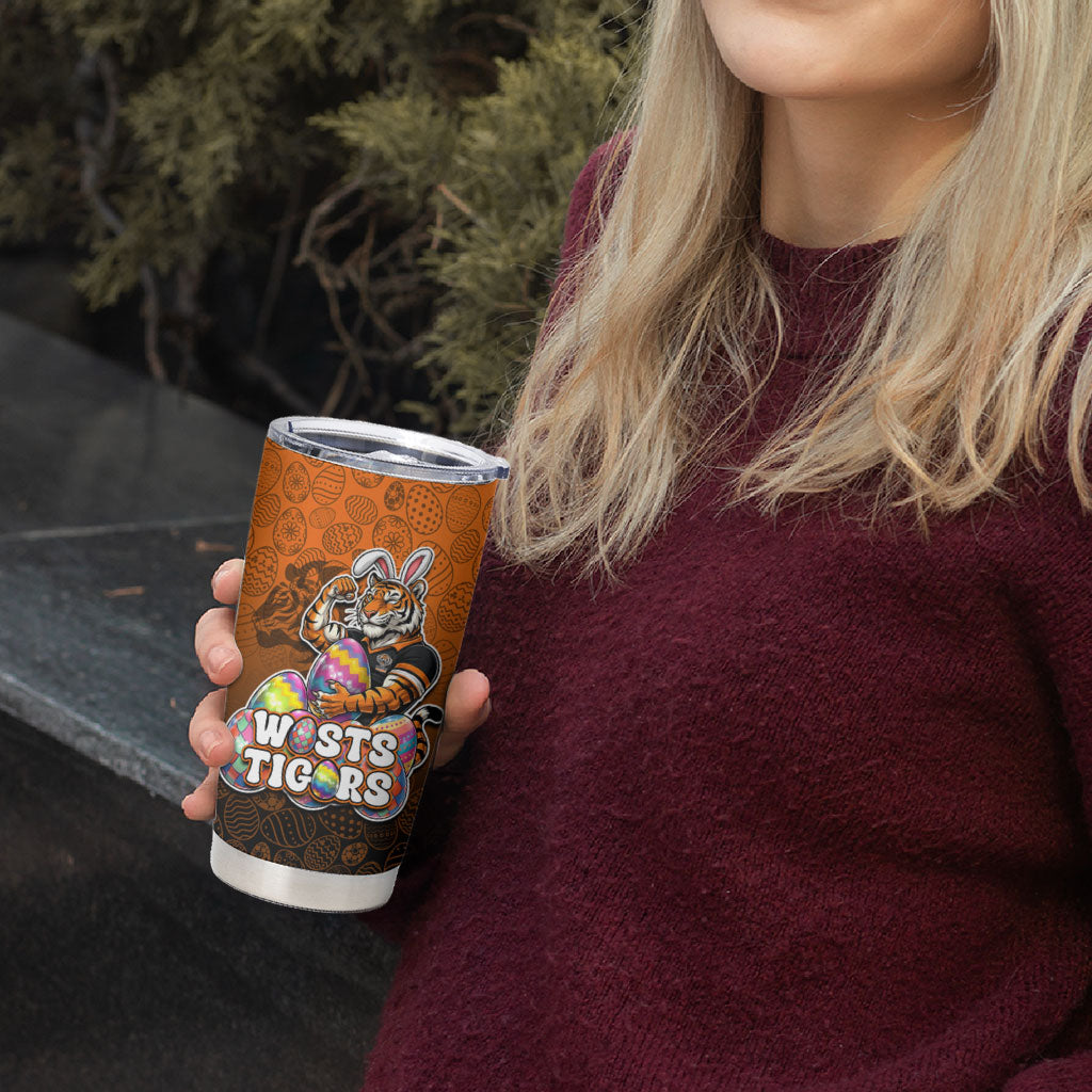 Personalized Wests Tigers Tumbler Cup Easter Mascot - Colorful Eggs Cartoon Style