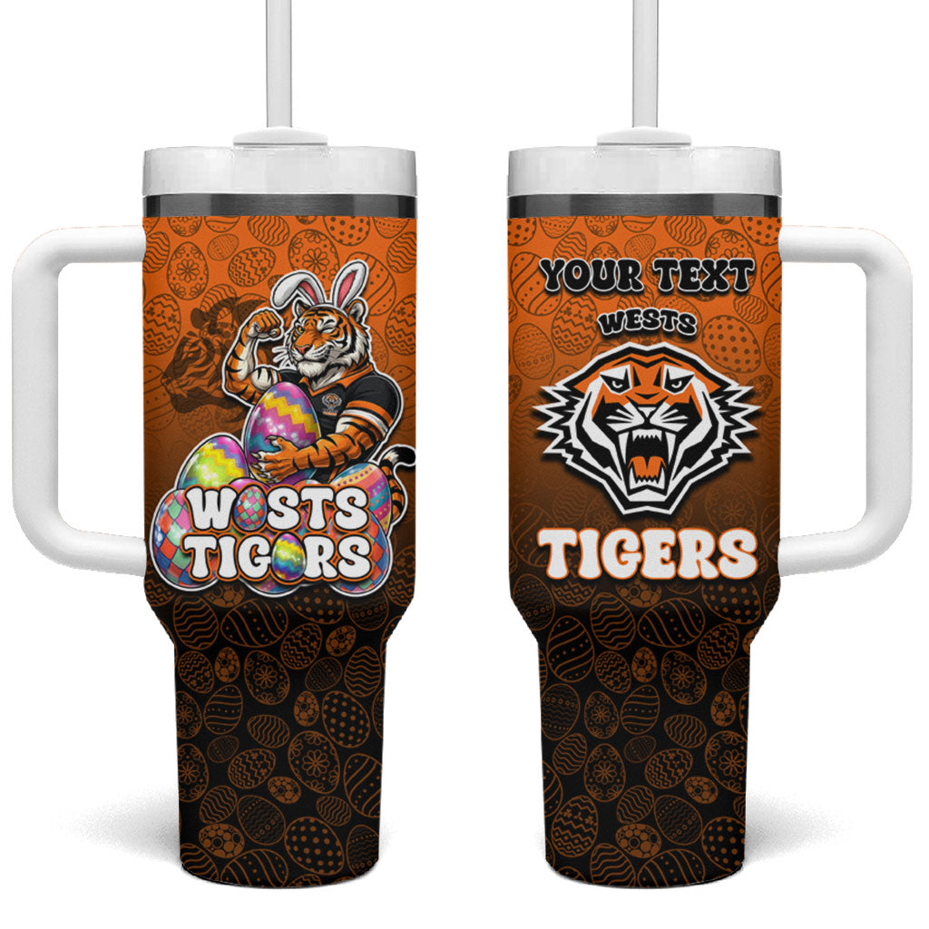 Personalized Wests Tigers Tumbler With Handle Easter Mascot - Colorful Eggs Cartoon Style