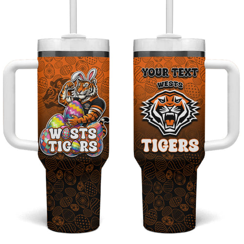 Personalized Wests Tigers Tumbler With Handle Easter Mascot - Colorful Eggs Cartoon Style