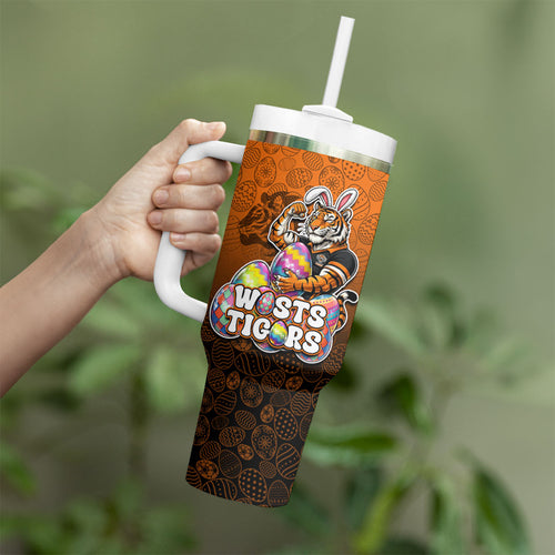 Personalized Wests Tigers Tumbler With Handle Easter Mascot - Colorful Eggs Cartoon Style
