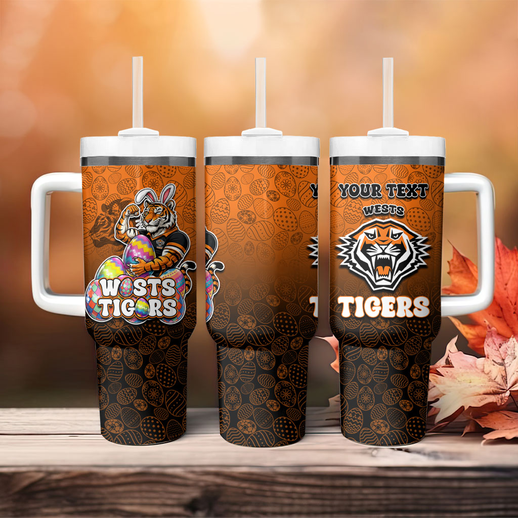 Personalized Wests Tigers Tumbler With Handle Easter Mascot - Colorful Eggs Cartoon Style