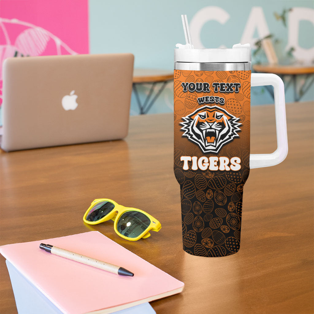 Personalized Wests Tigers Tumbler With Handle Easter Mascot - Colorful Eggs Cartoon Style