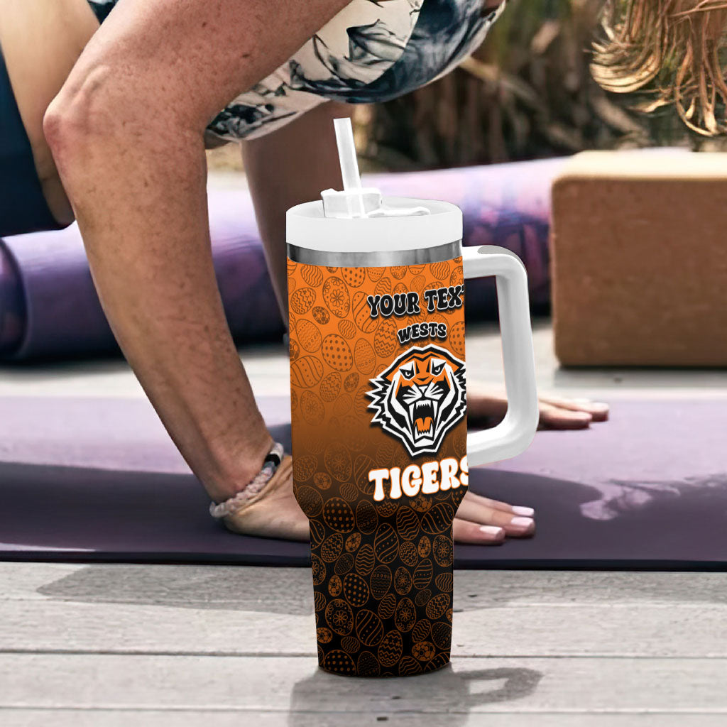 Personalized Wests Tigers Tumbler With Handle Easter Mascot - Colorful Eggs Cartoon Style