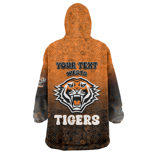 Personalized Wests Tigers Wearable Blanket Hoodie Easter Mascot - Colorful Eggs Cartoon Style