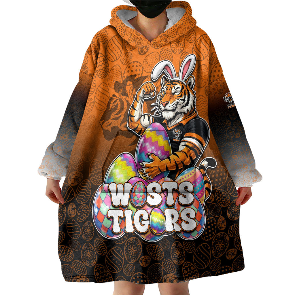 Personalized Wests Tigers Wearable Blanket Hoodie Easter Mascot - Colorful Eggs Cartoon Style