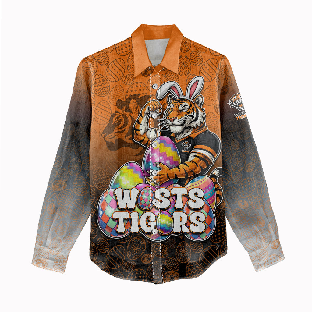 Personalized Wests Tigers Women Casual Shirt Easter Mascot - Colorful Eggs Cartoon Style
