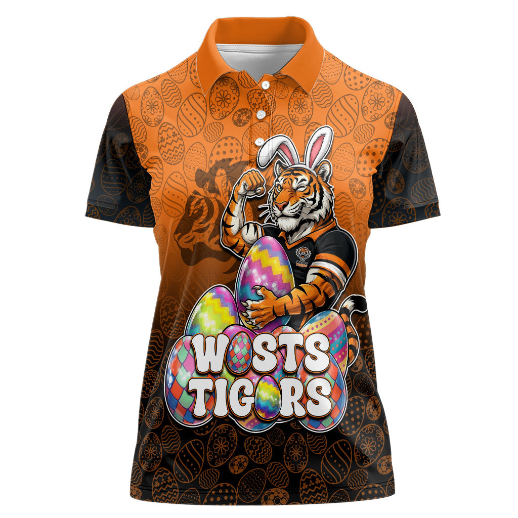 Personalized Wests Tigers Women Polo Shirt Easter Mascot - Colorful Eggs Cartoon Style