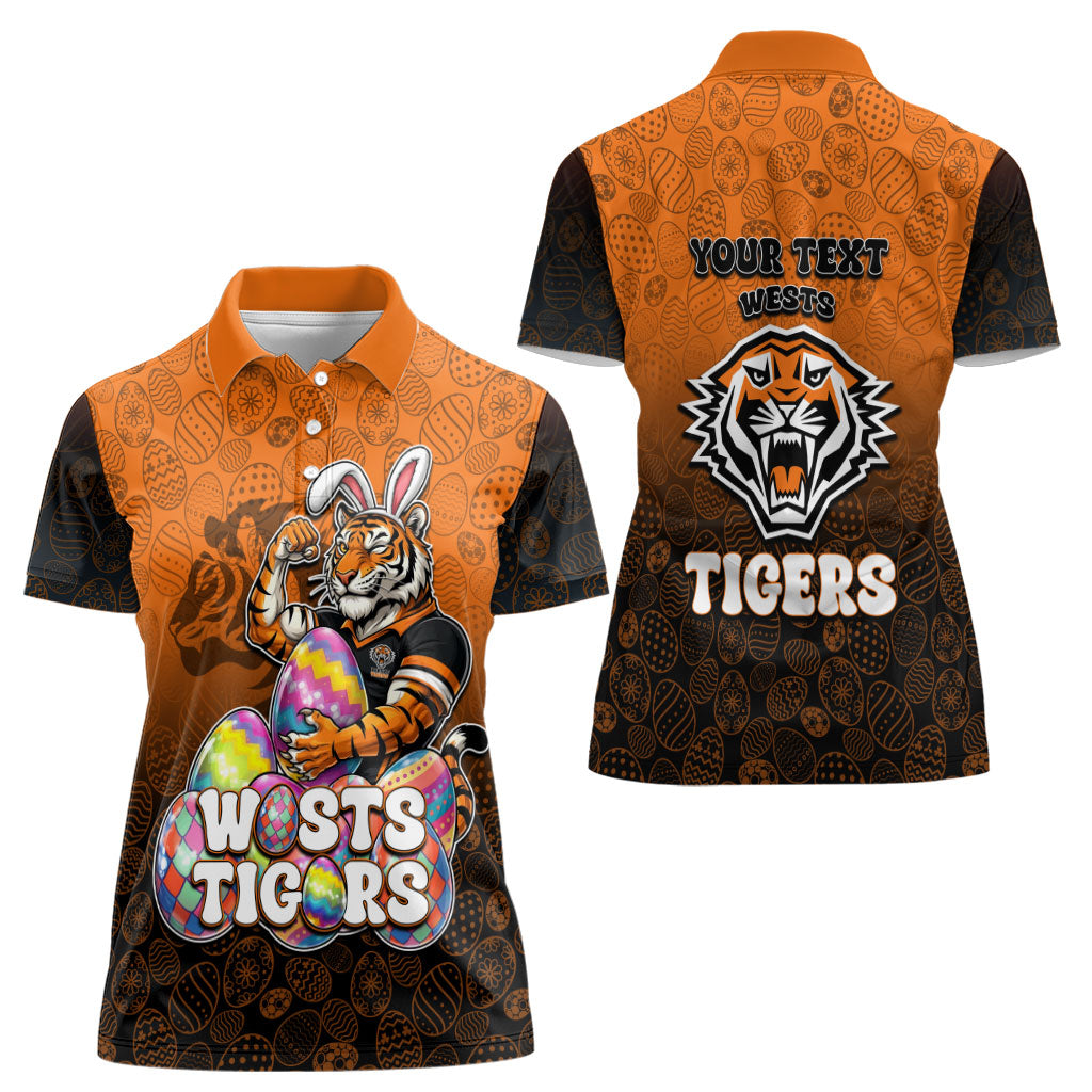 Personalized Wests Tigers Women Polo Shirt Easter Mascot - Colorful Eggs Cartoon Style