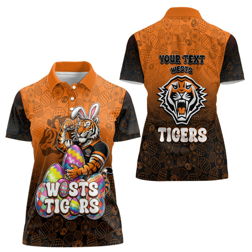Personalized Wests Tigers Women Polo Shirt Easter Mascot - Colorful Eggs Cartoon Style