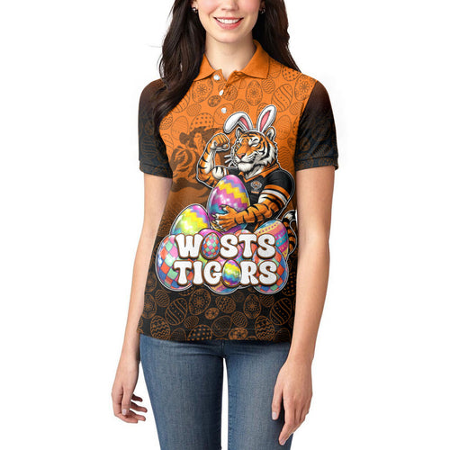 Personalized Wests Tigers Women Polo Shirt Easter Mascot - Colorful Eggs Cartoon Style