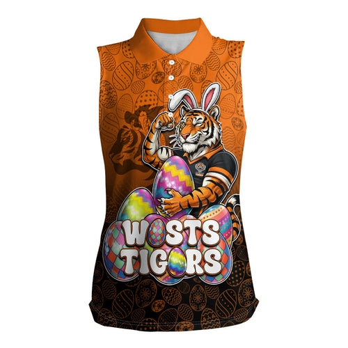 Personalized Wests Tigers Women Sleeveless Polo Shirt Easter Mascot - Colorful Eggs Cartoon Style
