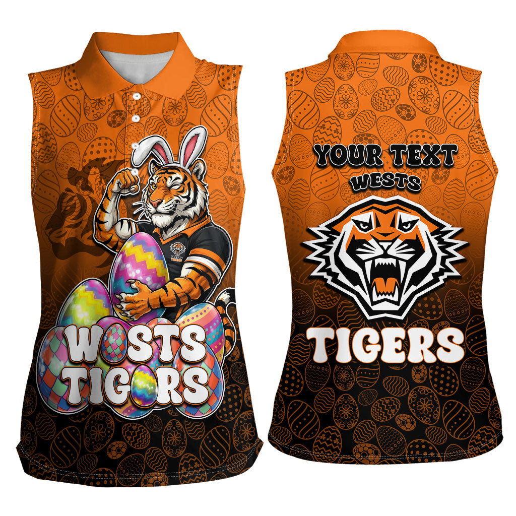 Personalized Wests Tigers Women Sleeveless Polo Shirt Easter Mascot - Colorful Eggs Cartoon Style