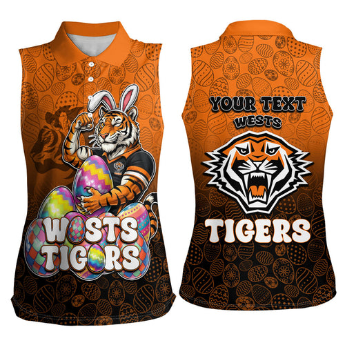 Personalized Wests Tigers Women Sleeveless Polo Shirt Easter Mascot - Colorful Eggs Cartoon Style