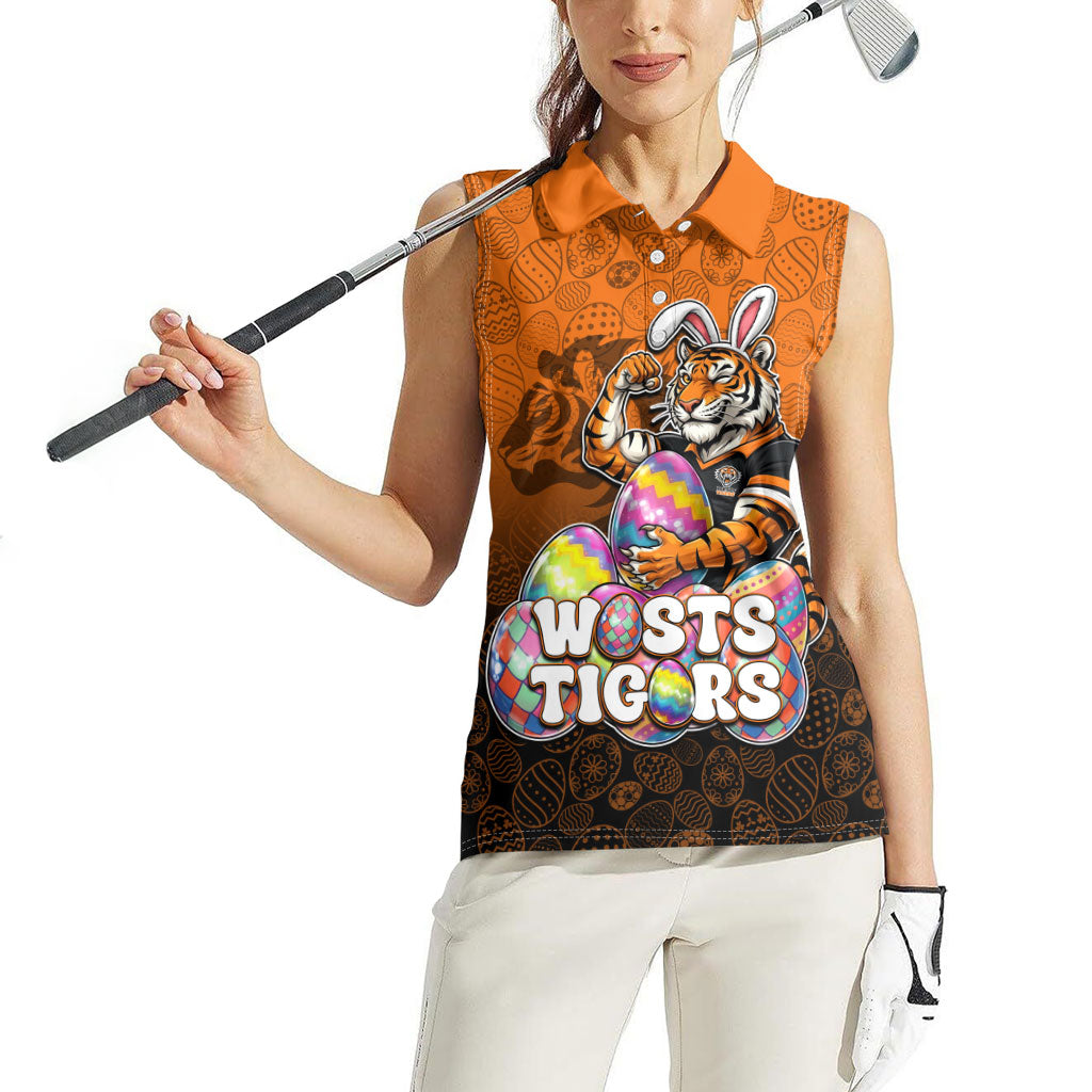 Personalized Wests Tigers Women Sleeveless Polo Shirt Easter Mascot - Colorful Eggs Cartoon Style