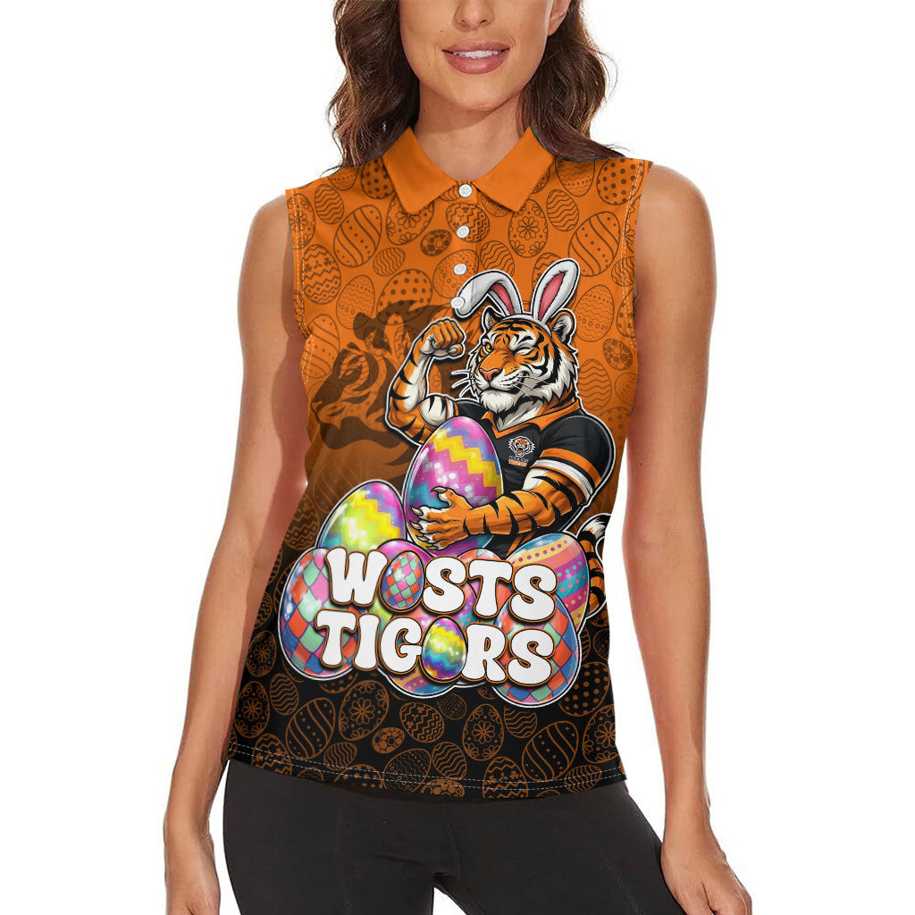 Personalized Wests Tigers Women Sleeveless Polo Shirt Easter Mascot - Colorful Eggs Cartoon Style