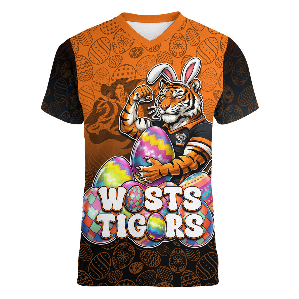 Personalized Wests Tigers Women V-Neck T-Shirt Easter Mascot - Colorful Eggs Cartoon Style