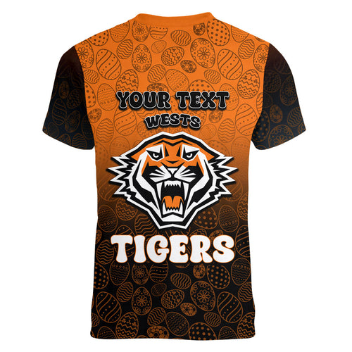 Personalized Wests Tigers Women V-Neck T-Shirt Easter Mascot - Colorful Eggs Cartoon Style