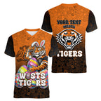 Personalized Wests Tigers Women V-Neck T-Shirt Easter Mascot - Colorful Eggs Cartoon Style