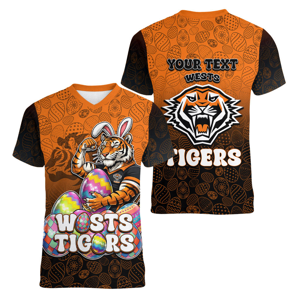 Personalized Wests Tigers Women V-Neck T-Shirt Easter Mascot - Colorful Eggs Cartoon Style