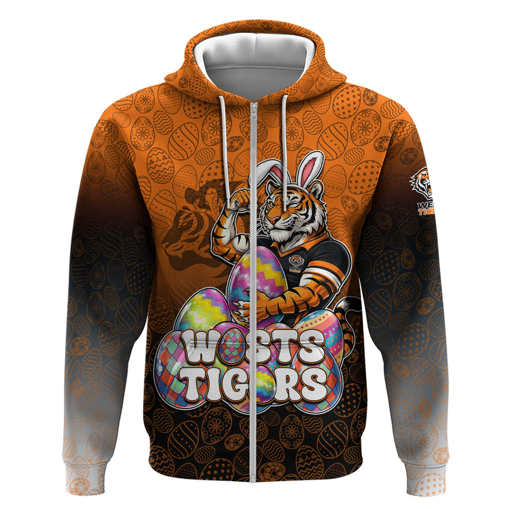 Personalized Wests Tigers Zip Hoodie Easter Mascot - Colorful Eggs Cartoon Style